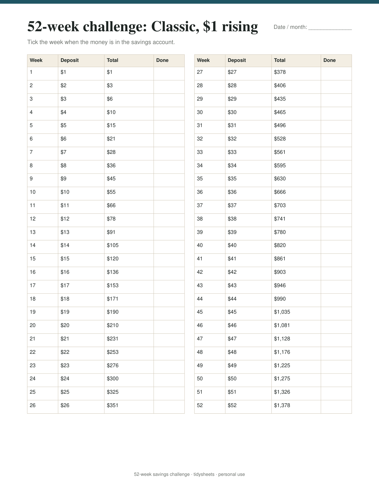 First page of the 52-week savings challenge PDF