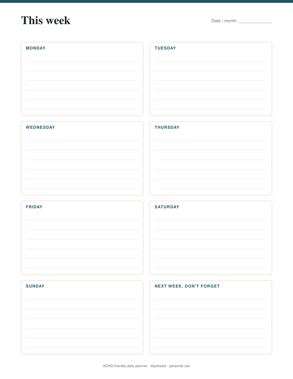 Weekly overview, page 2 of the adhd-friendly daily planner PDF