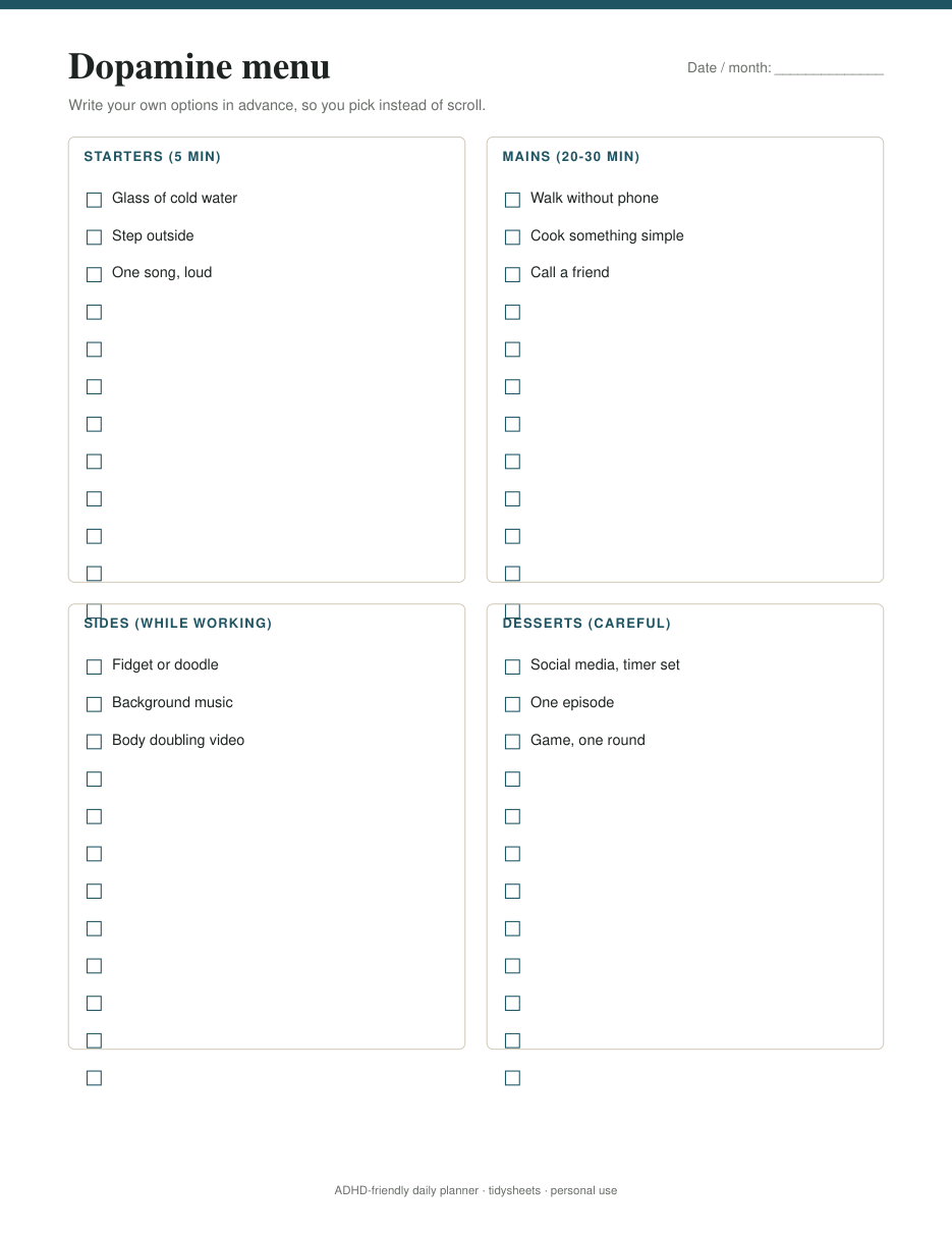Dopamine menu (quick resets you choose), page 3 of the adhd-friendly daily planner PDF