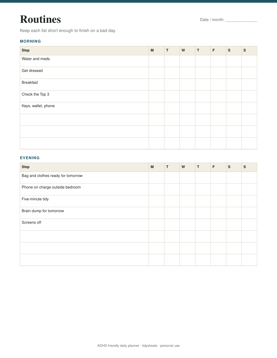 Morning and evening routine checklist, page 4 of the adhd-friendly daily planner PDF