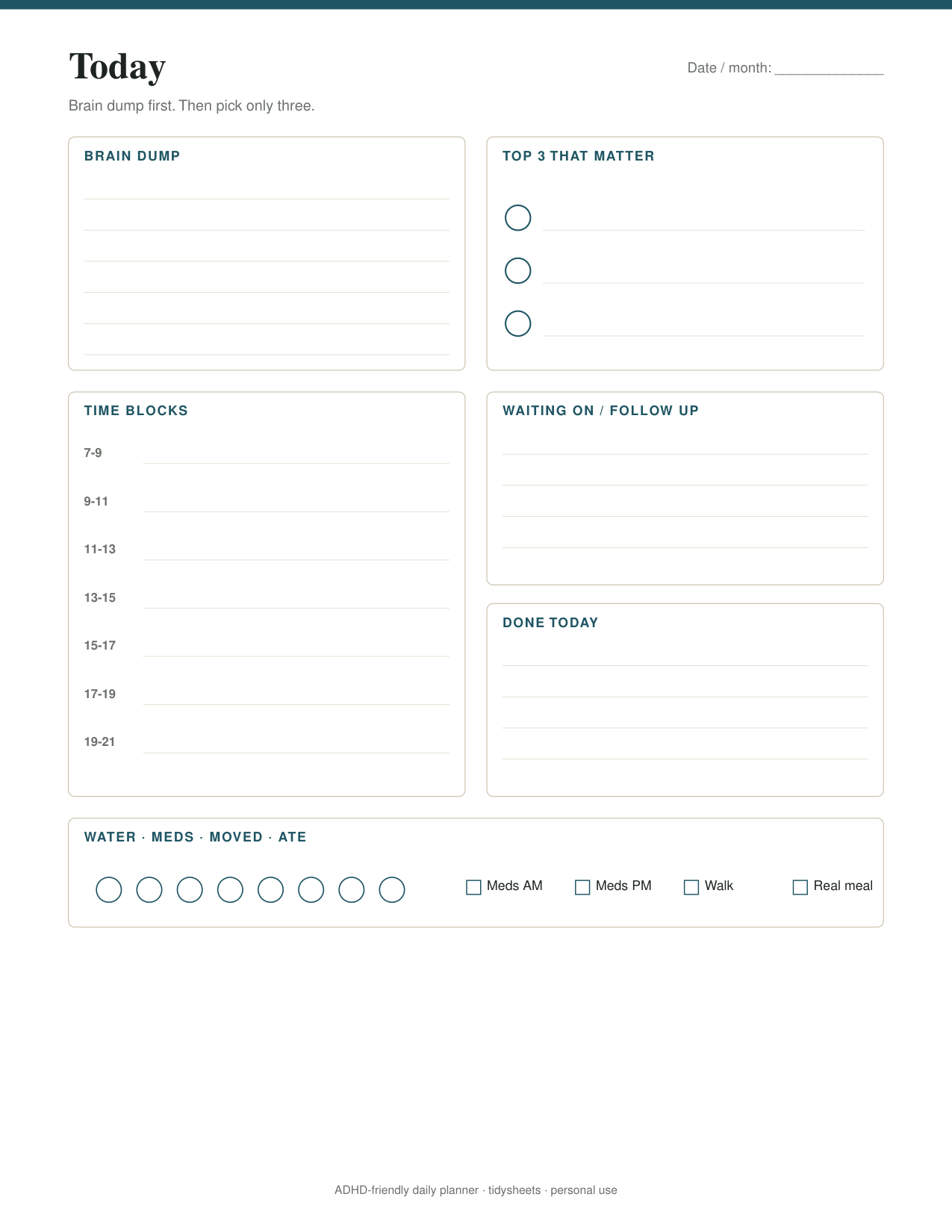 First page of the adhd-friendly daily planner PDF
