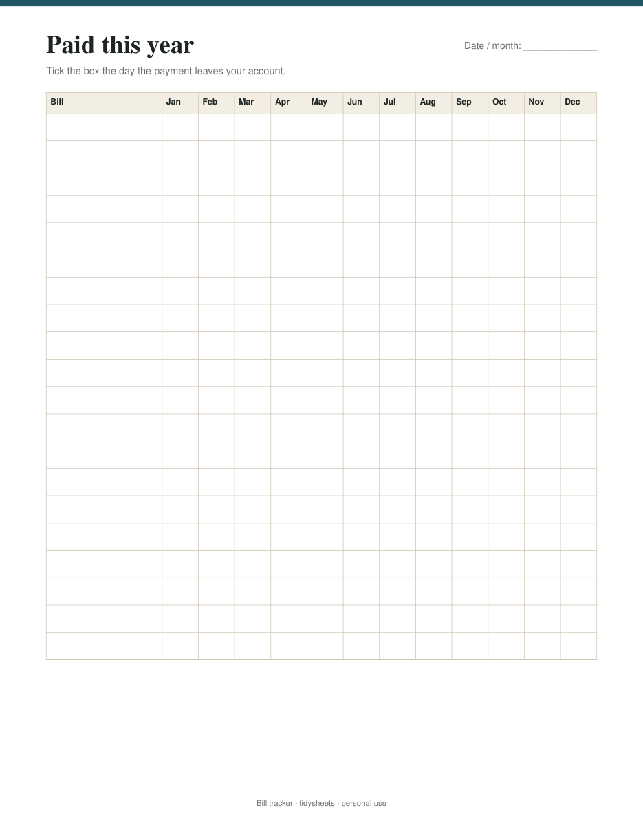 12-month paid grid, 20 bills, page 2 of the bill tracker PDF