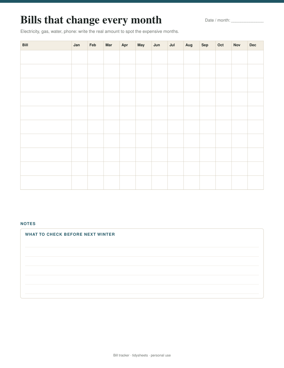 Variable bills log: amount each month, page 3 of the bill tracker PDF