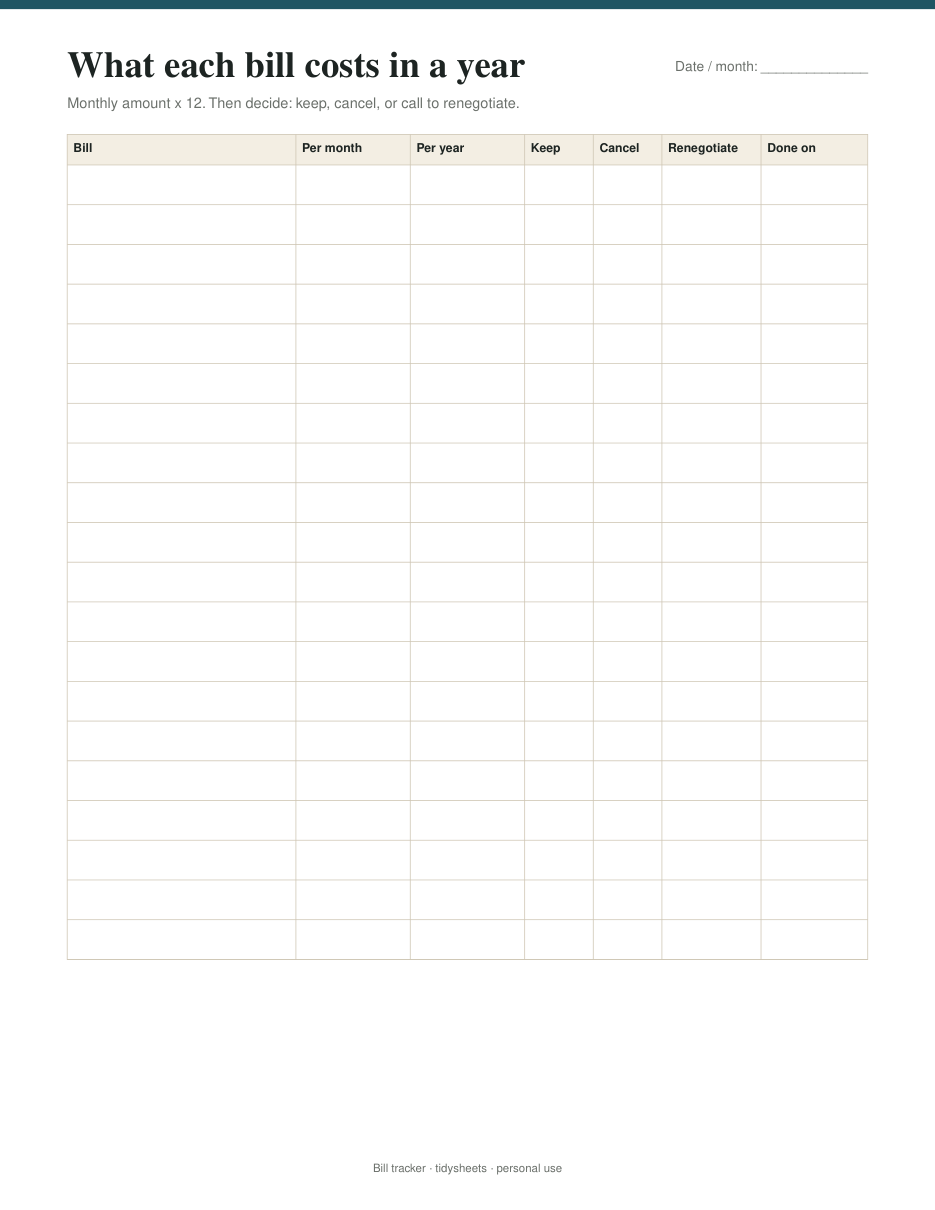 Yearly cost and cancel / renegotiate page, page 4 of the bill tracker PDF