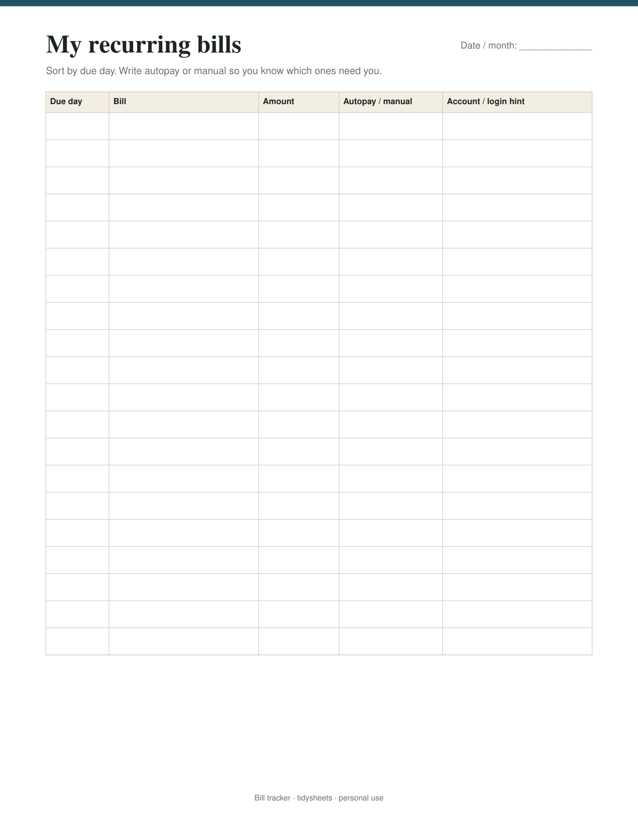 First page of the bill tracker PDF