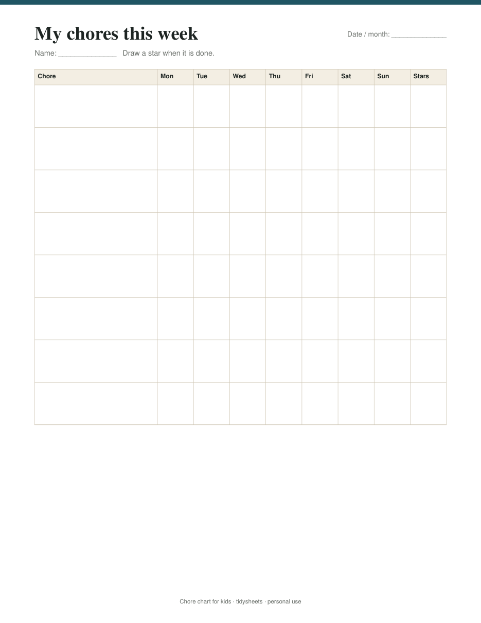Weekly chart: 8 chores x 7 days, page 2 of the chore chart for kids PDF