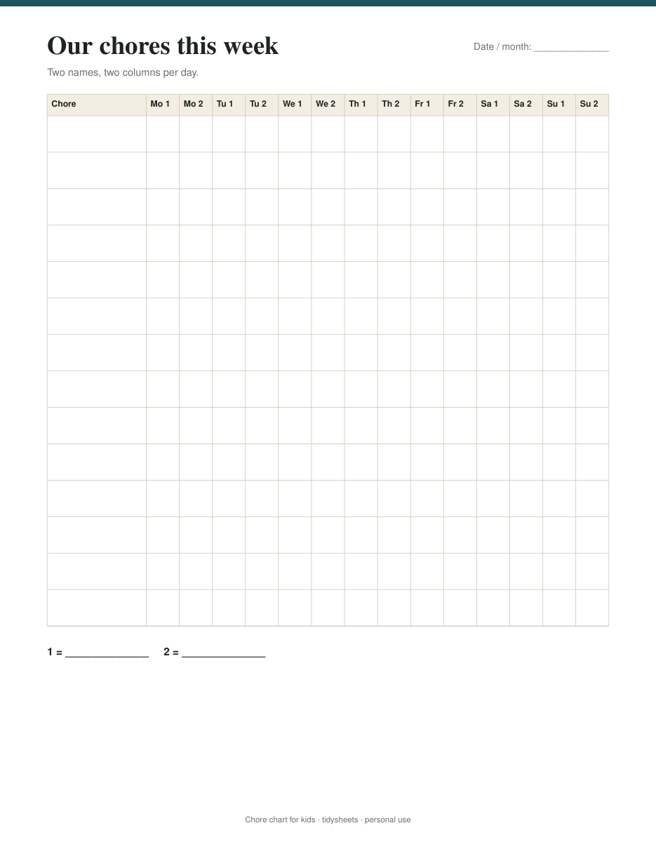 Two-child weekly chart, page 3 of the chore chart for kids PDF