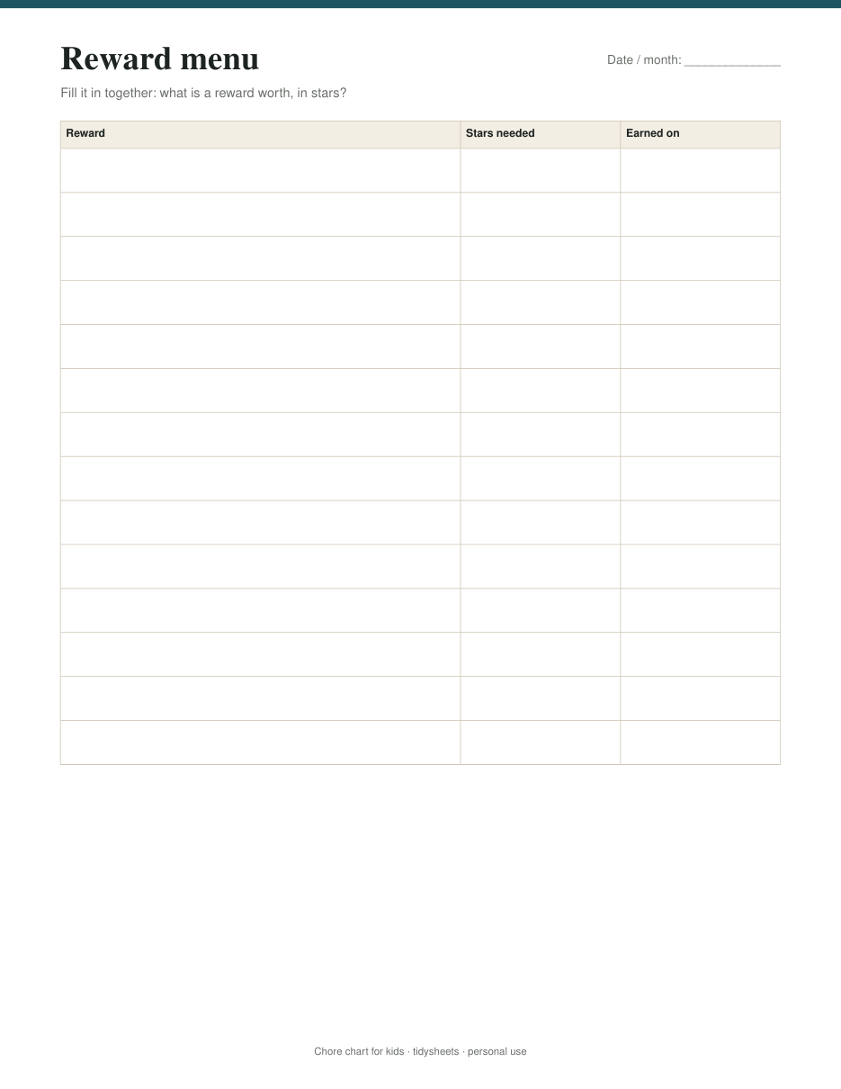Reward menu filled in together, page 4 of the chore chart for kids PDF