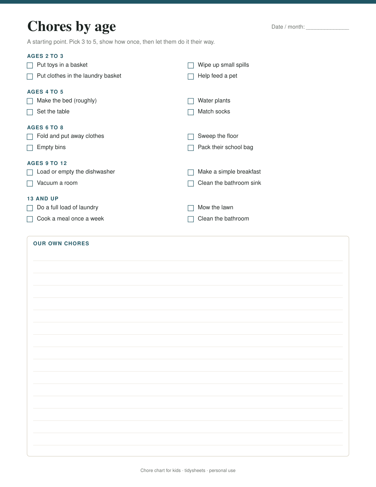 First page of the chore chart for kids PDF