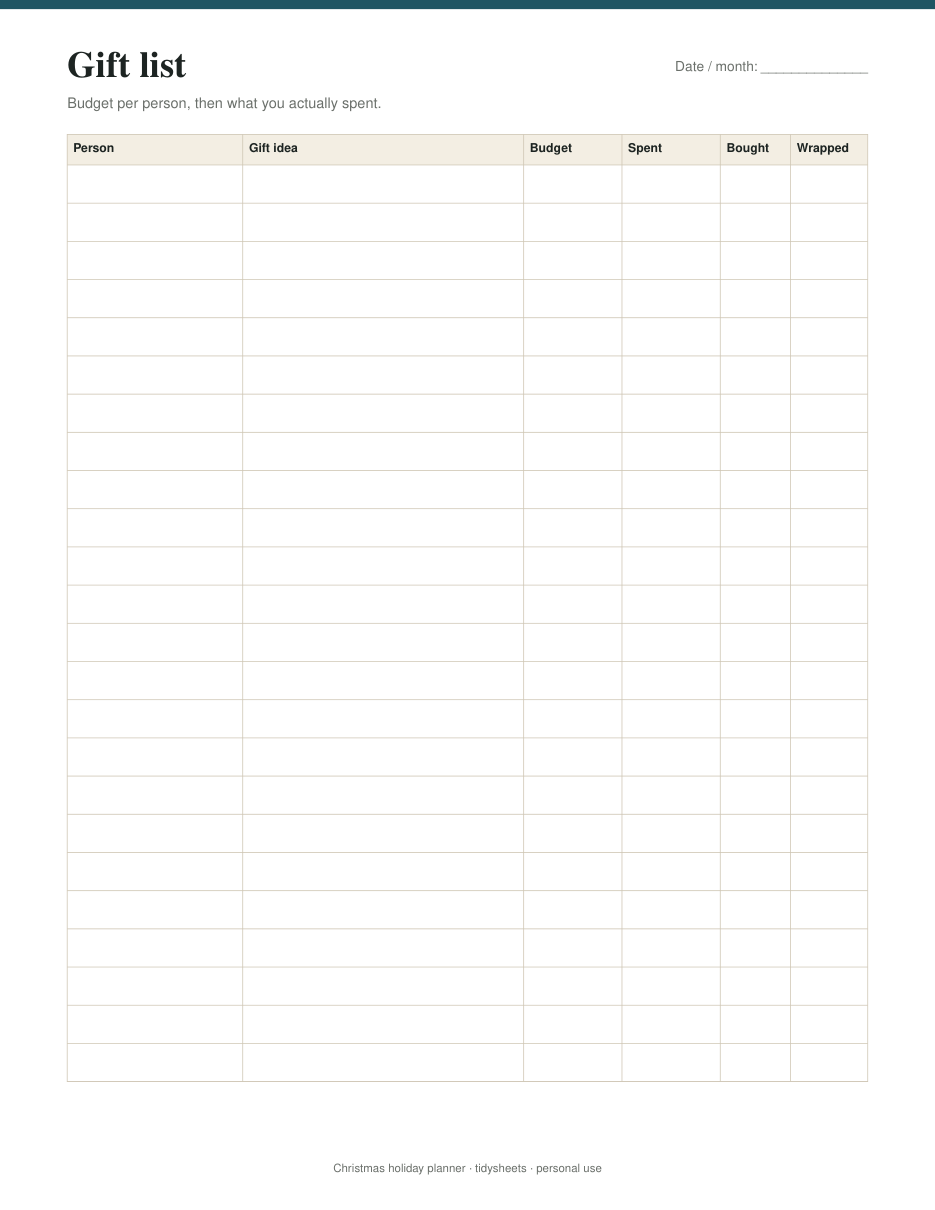 Gift list with budget per person, page 2 of the christmas holiday planner PDF