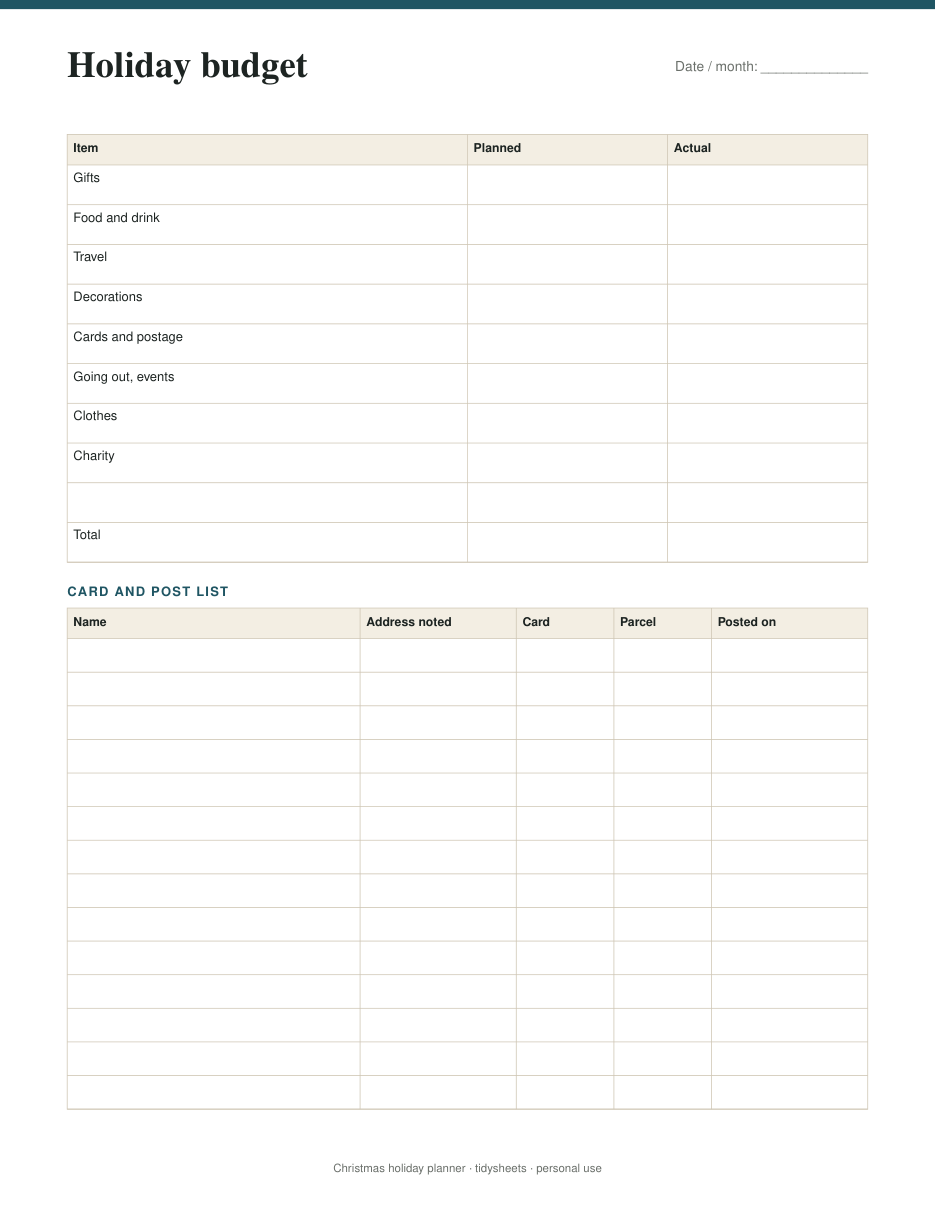 Holiday budget, page 3 of the christmas holiday planner PDF