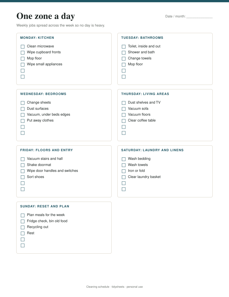 Weekly plan: one zone per day, page 2 of the cleaning schedule PDF