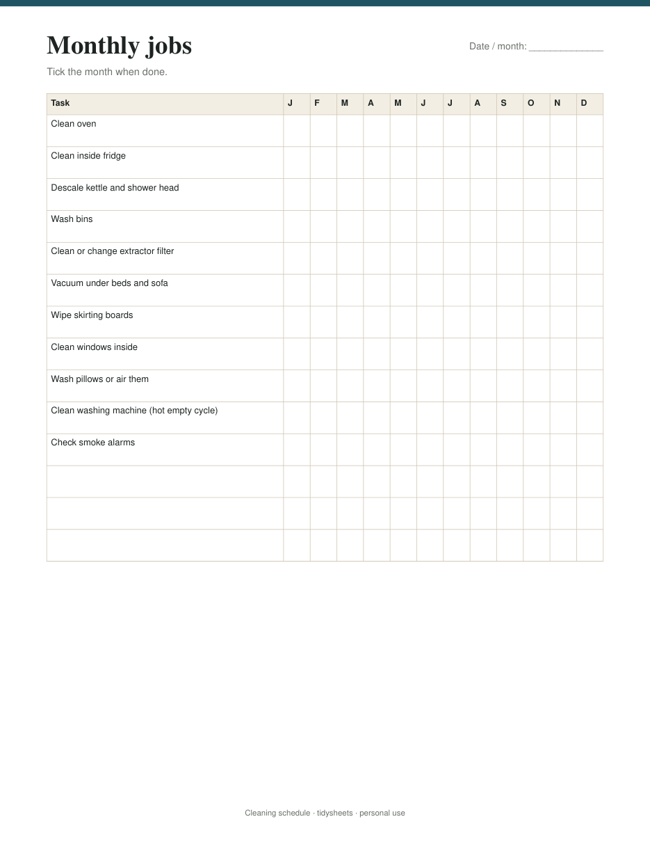 Monthly jobs (12-month tick grid), page 3 of the cleaning schedule PDF