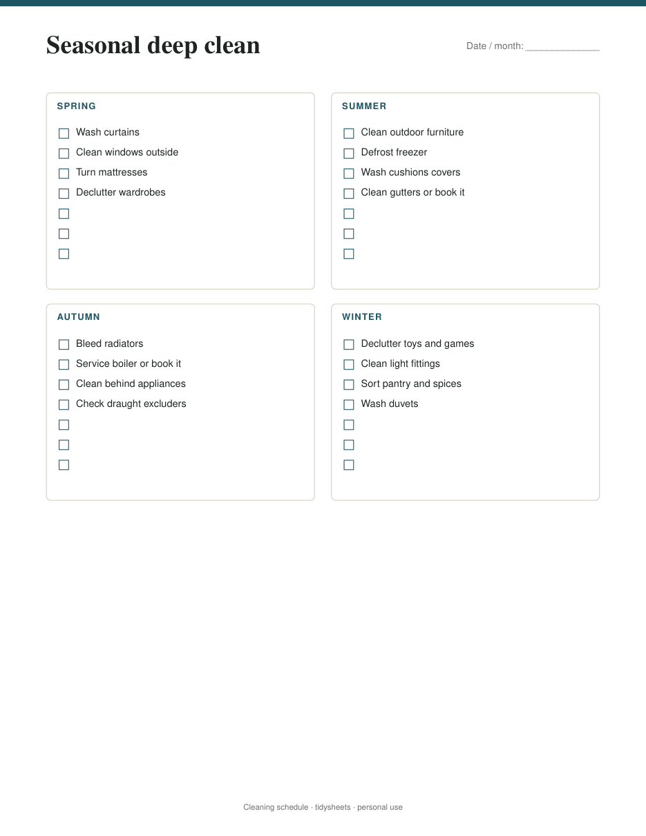 Seasonal deep clean, page 4 of the cleaning schedule PDF