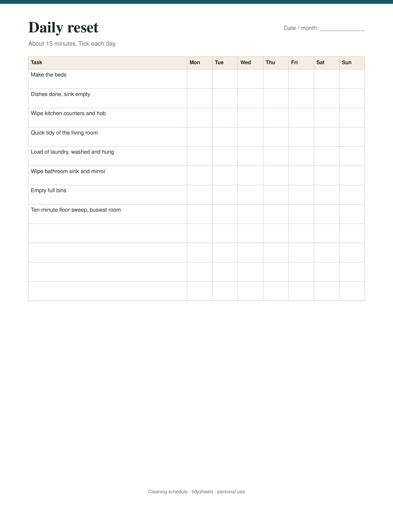 First page of the cleaning schedule PDF