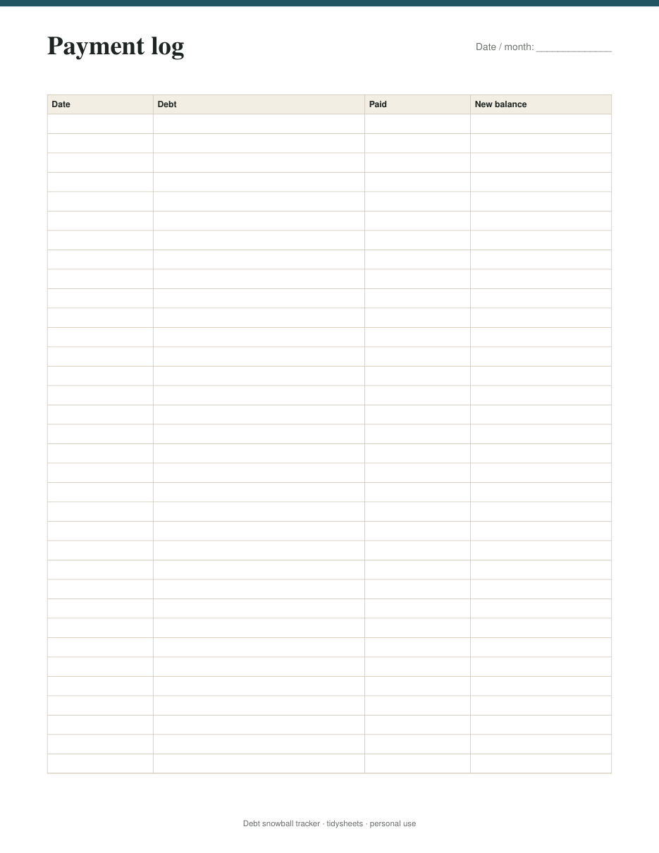 Payment log (36 rows), page 2 of the debt snowball tracker PDF