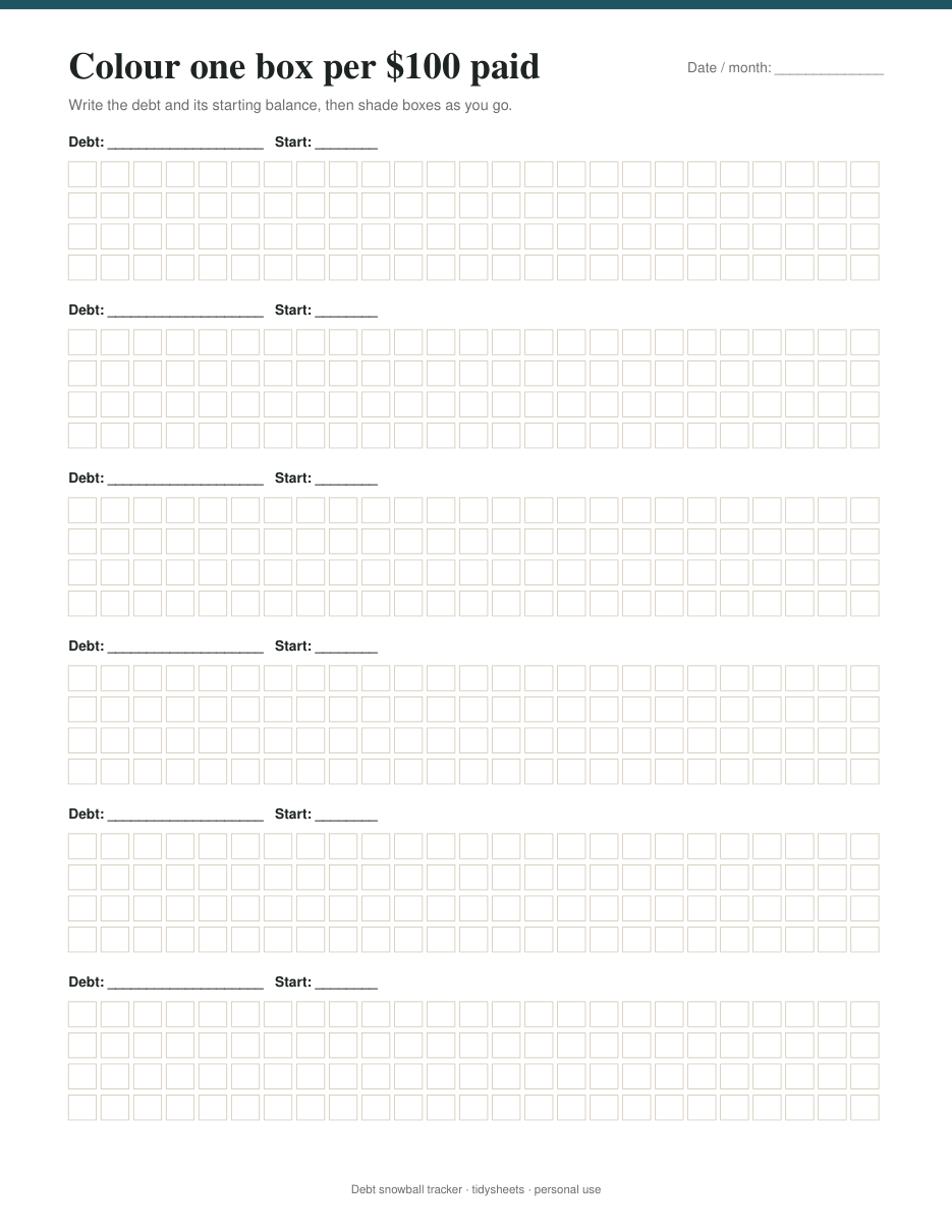 Progress page: 6 debts x 100 boxes, page 3 of the debt snowball tracker PDF