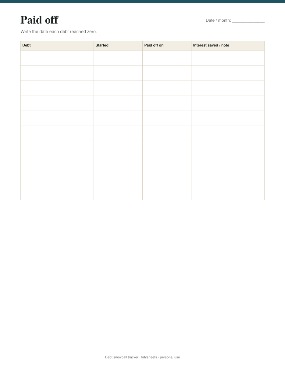 Payoff date page, page 4 of the debt snowball tracker PDF