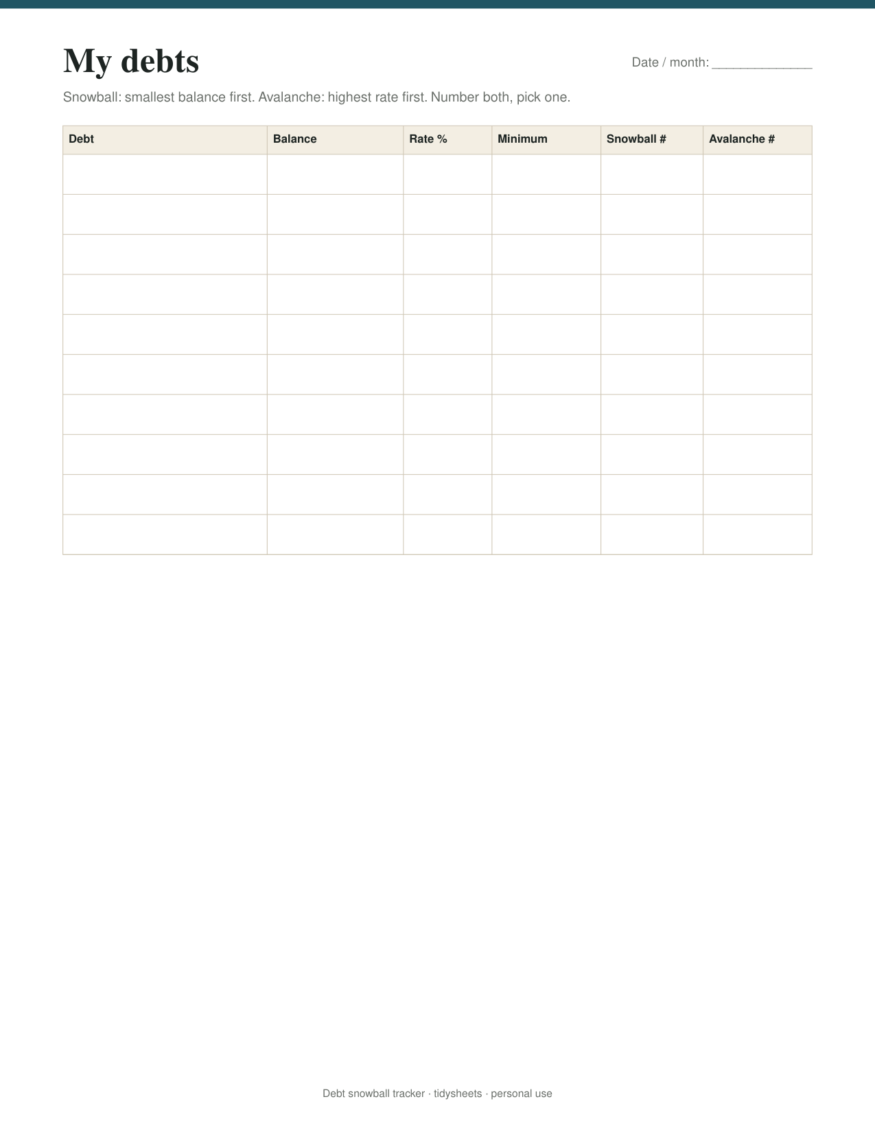 First page of the debt snowball tracker PDF