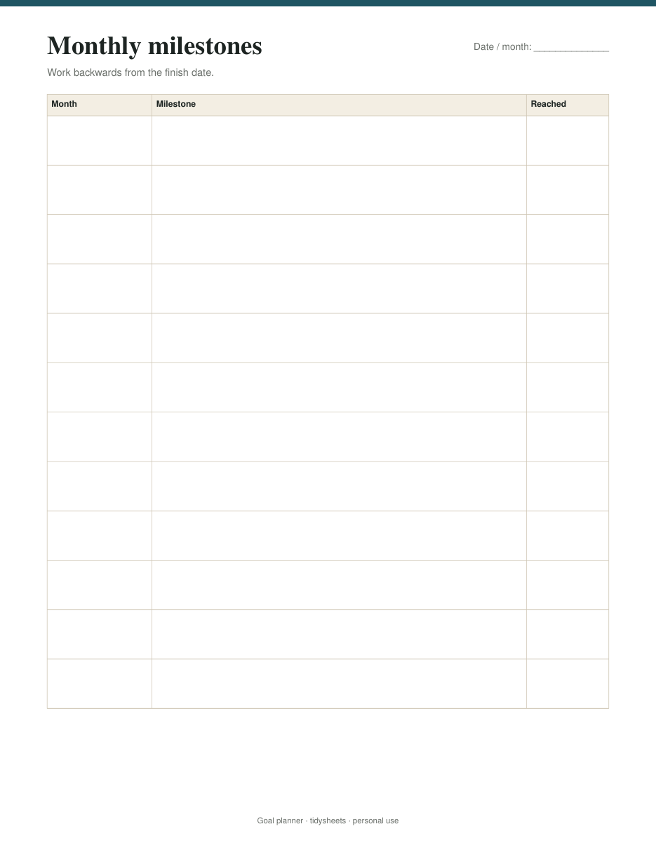 Monthly milestones, 12 months, page 2 of the goal planner PDF