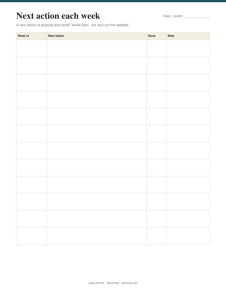 Weekly next actions, 12 weeks, page 3 of the goal planner PDF