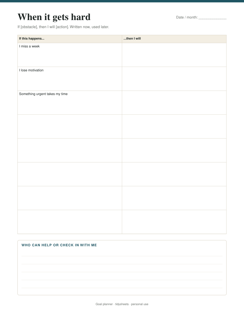 Obstacles and if-then plans, page 4 of the goal planner PDF