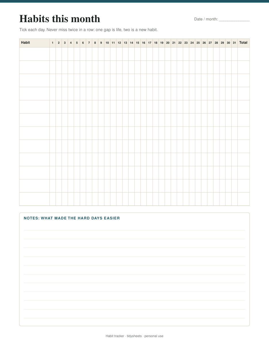 Monthly grid: 12 habits x 31 days, page 2 of the habit tracker PDF