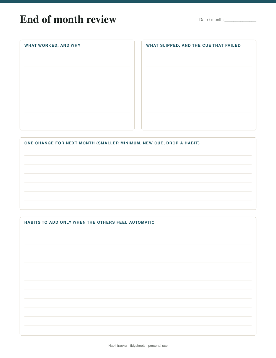 End of month review, page 3 of the habit tracker PDF