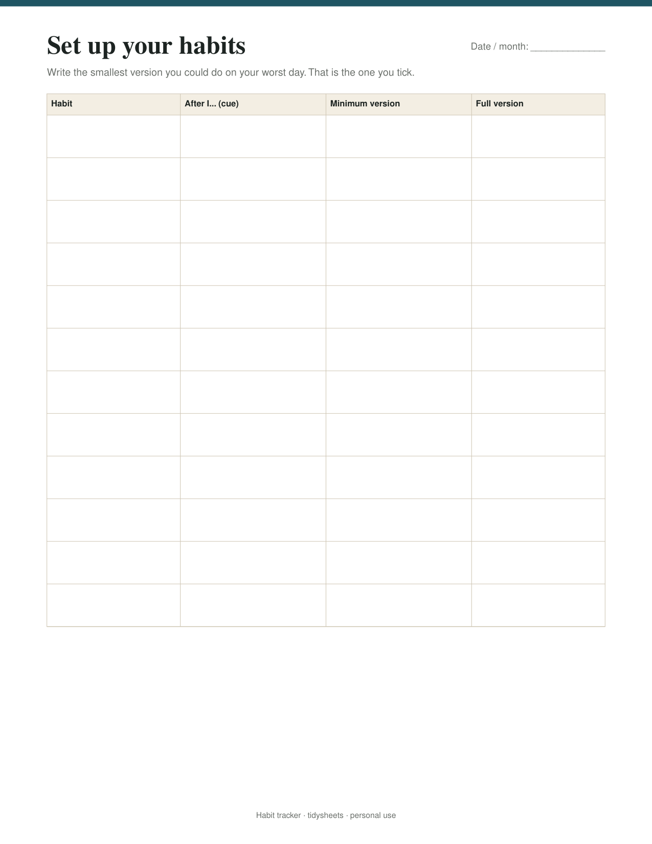 First page of the habit tracker PDF