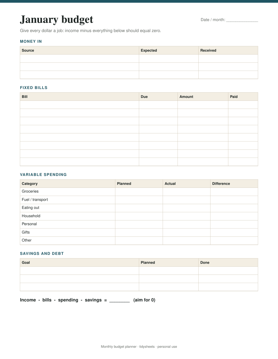 A monthly page, page 2 of the monthly budget planner PDF