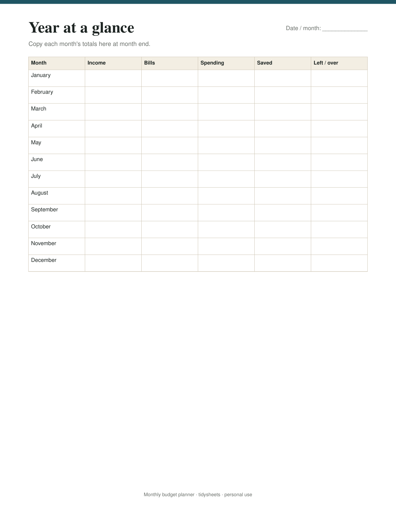 First page of the monthly budget planner PDF