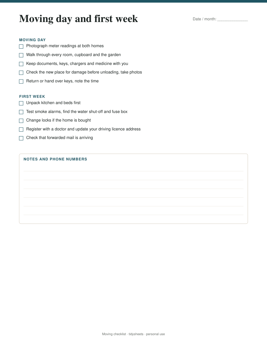 Moving day and first week checklist, page 2 of the moving checklist PDF