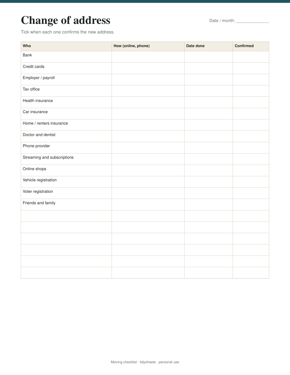 Change of address list, page 3 of the moving checklist PDF