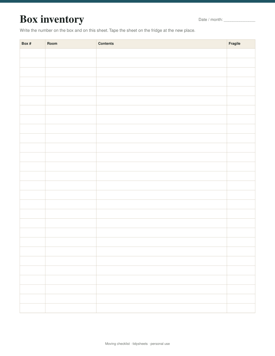 Box inventory: number, room, contents, page 4 of the moving checklist PDF