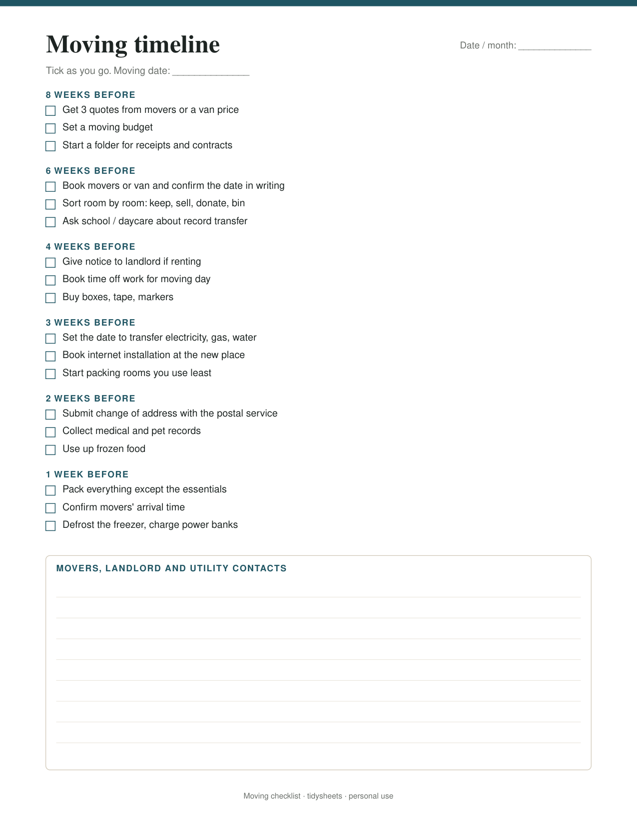 First page of the moving checklist PDF