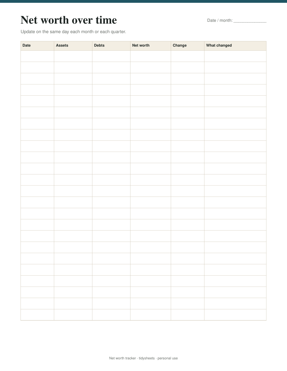 Monthly log: 24 months of assets, debts, net worth, change, page 2 of the net worth tracker PDF