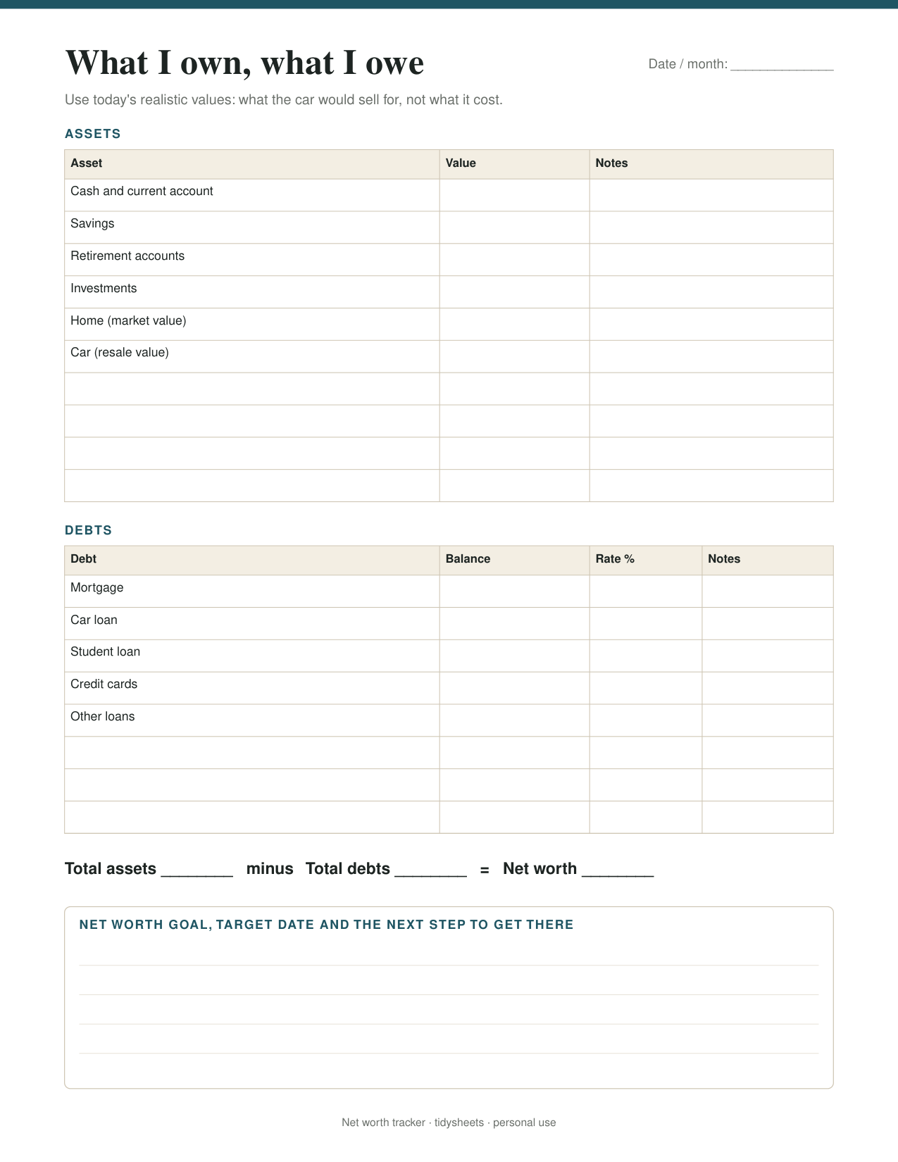 First page of the net worth tracker PDF