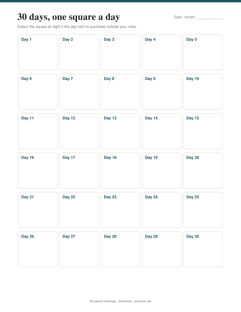 30-day tracker, one square per day, page 2 of the no-spend challenge PDF