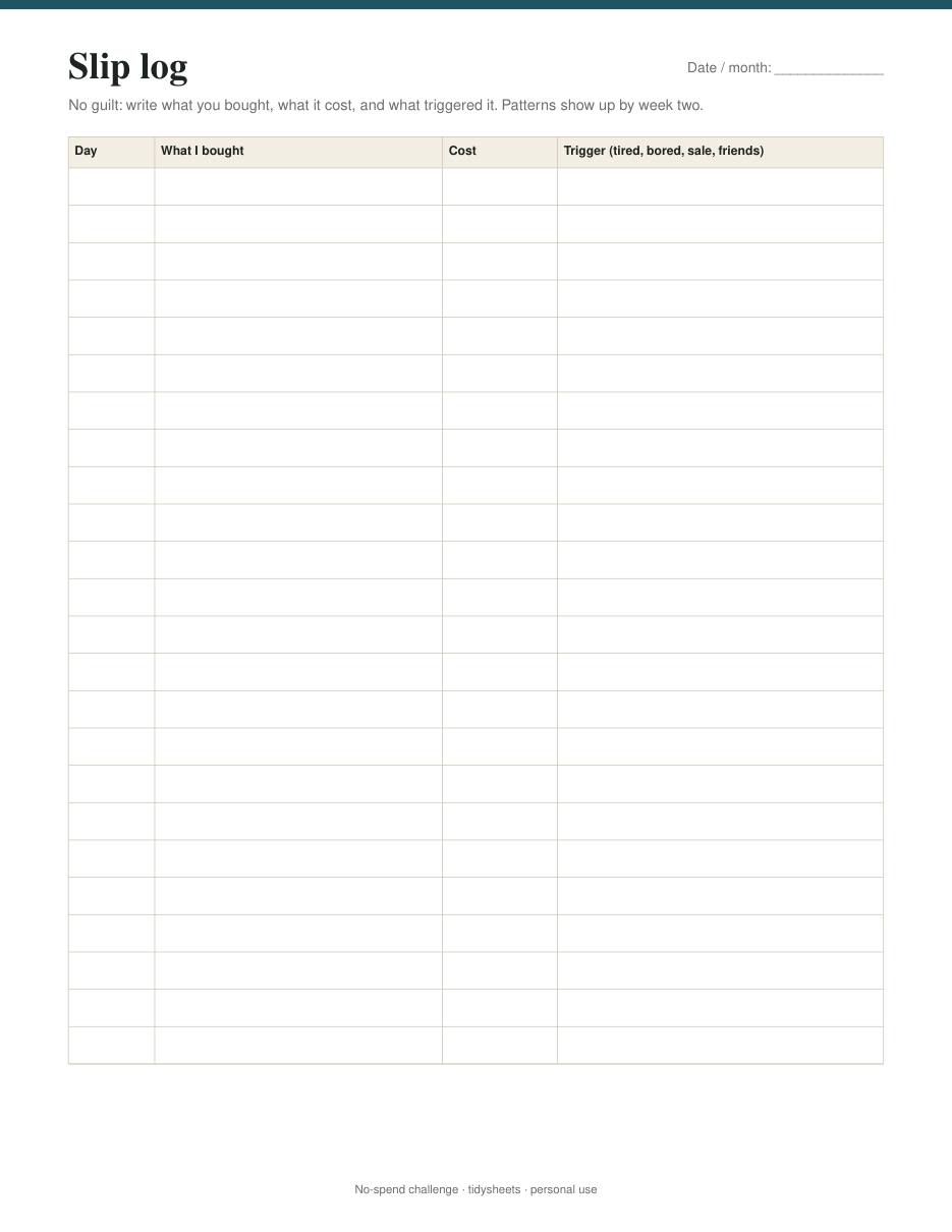 Slip log: what you bought and why, page 3 of the no-spend challenge PDF