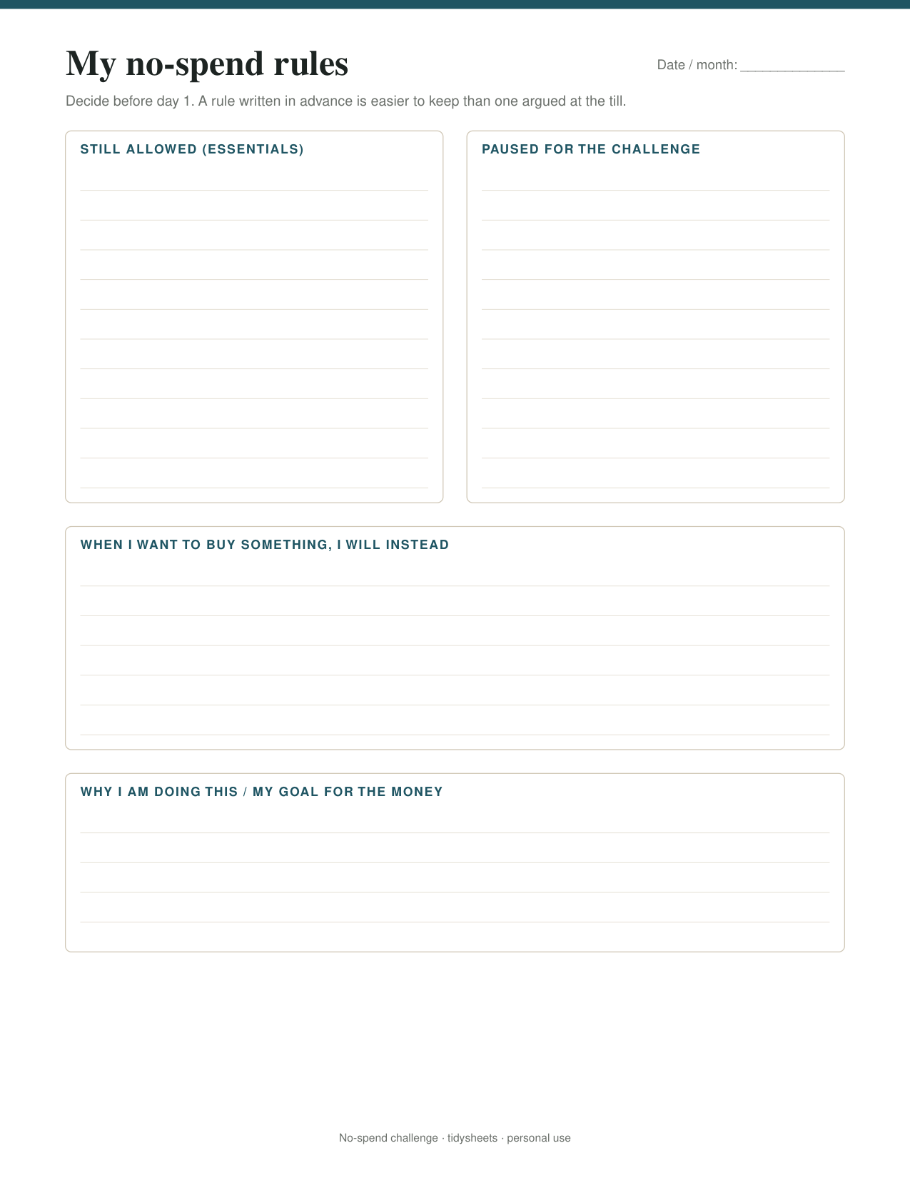 First page of the no-spend challenge PDF