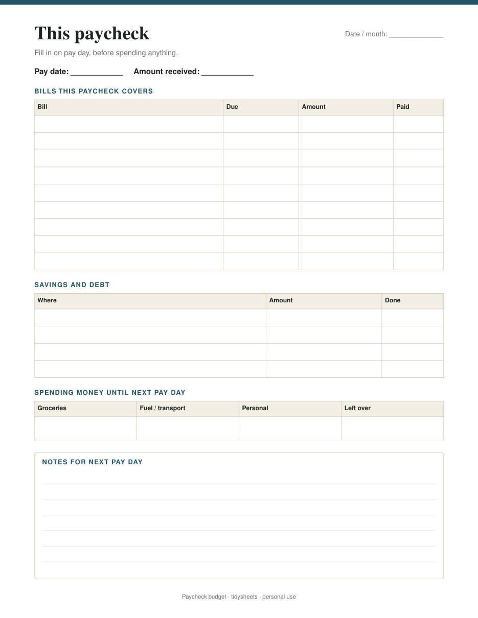 Paycheck sheet: income, bills, savings, spending, left over, page 2 of the paycheck budget PDF