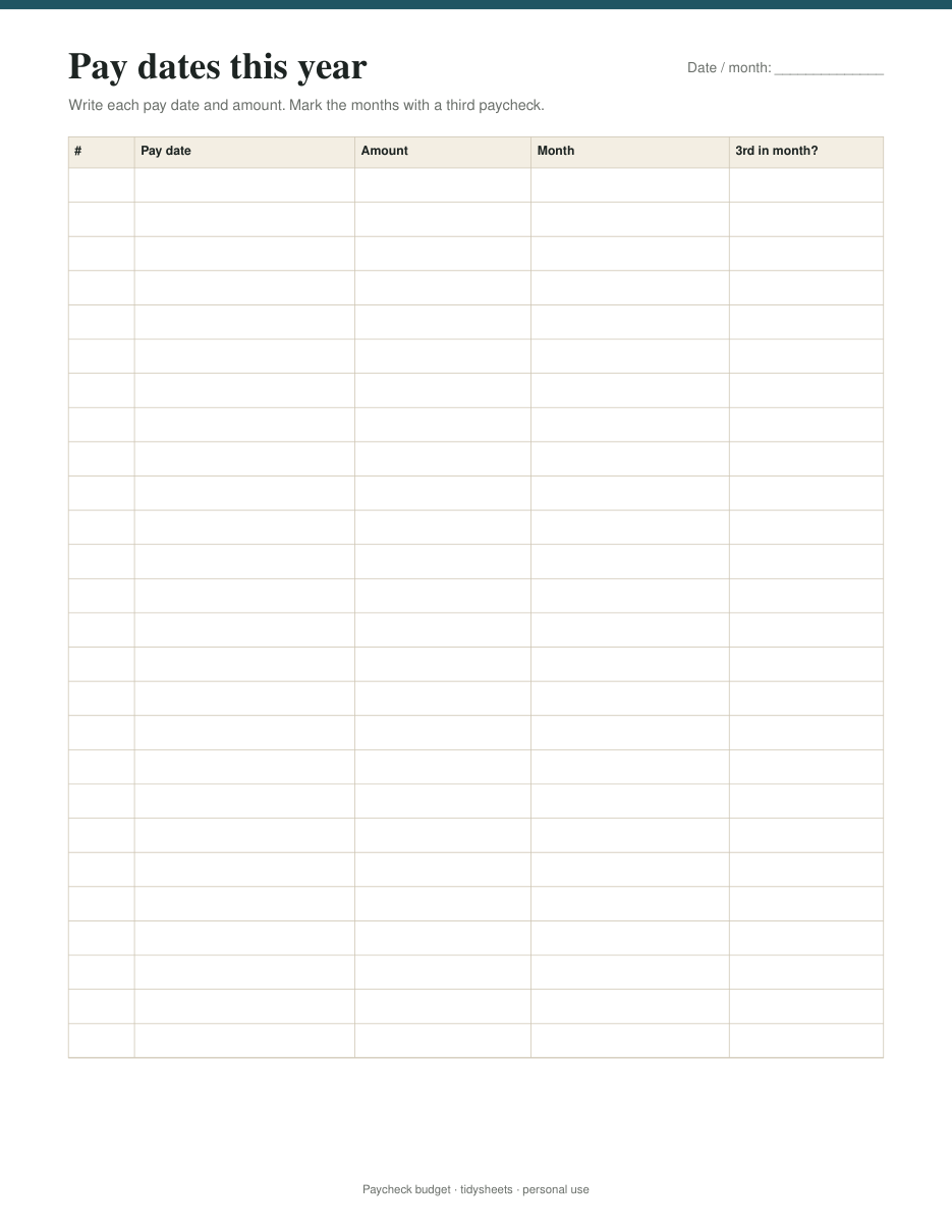 Year of pay dates (26 rows for biweekly pay), page 3 of the paycheck budget PDF