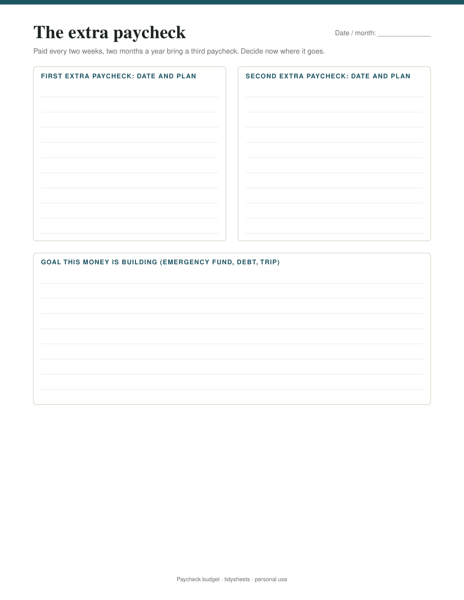 Third-paycheck months: where the extra goes, page 4 of the paycheck budget PDF