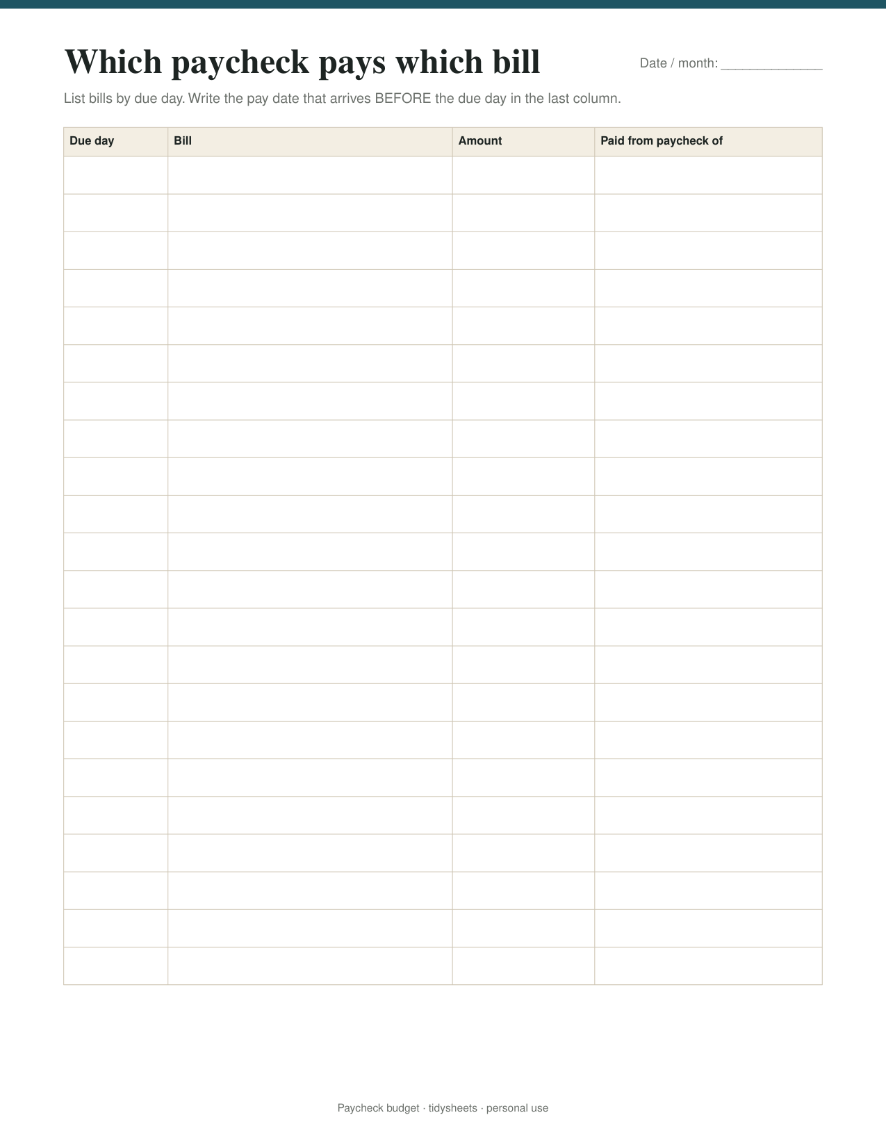 First page of the paycheck budget PDF