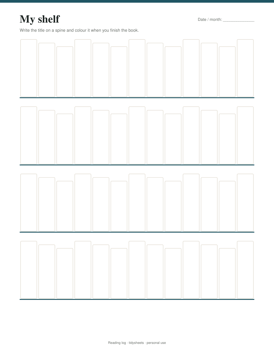52-book shelf to colour, page 2 of the reading log PDF
