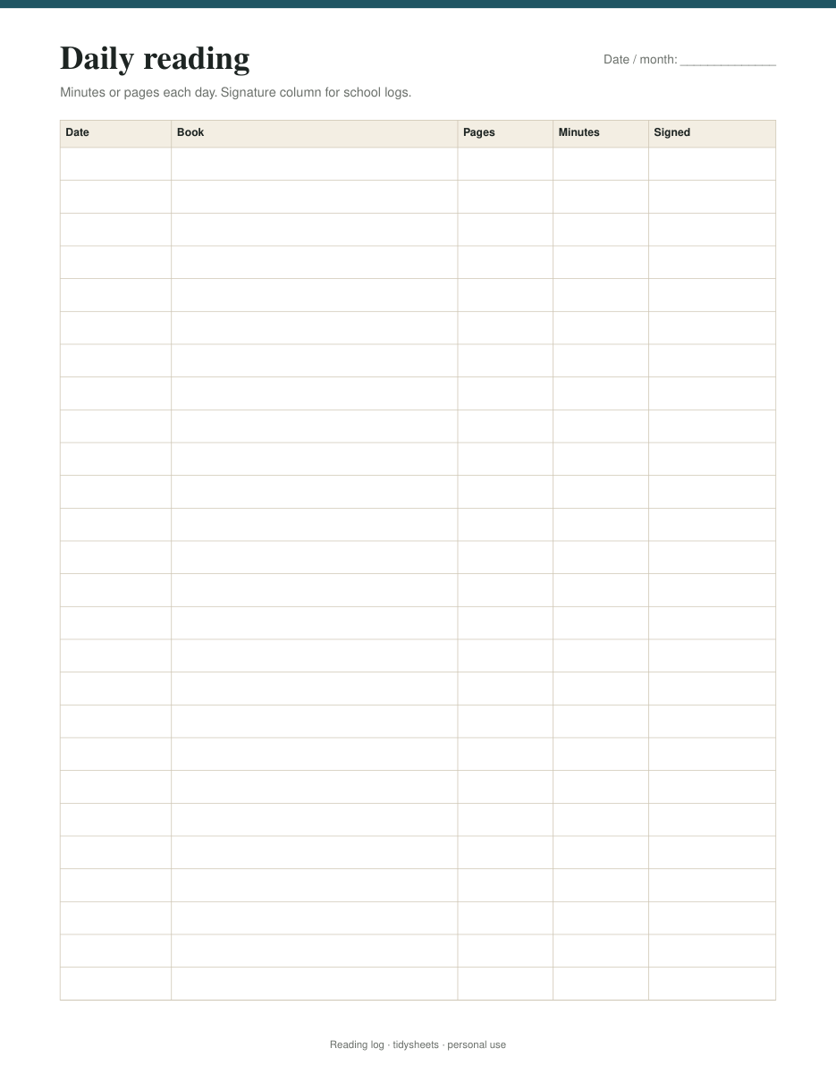 Daily reading minutes log (school friendly), page 4 of the reading log PDF
