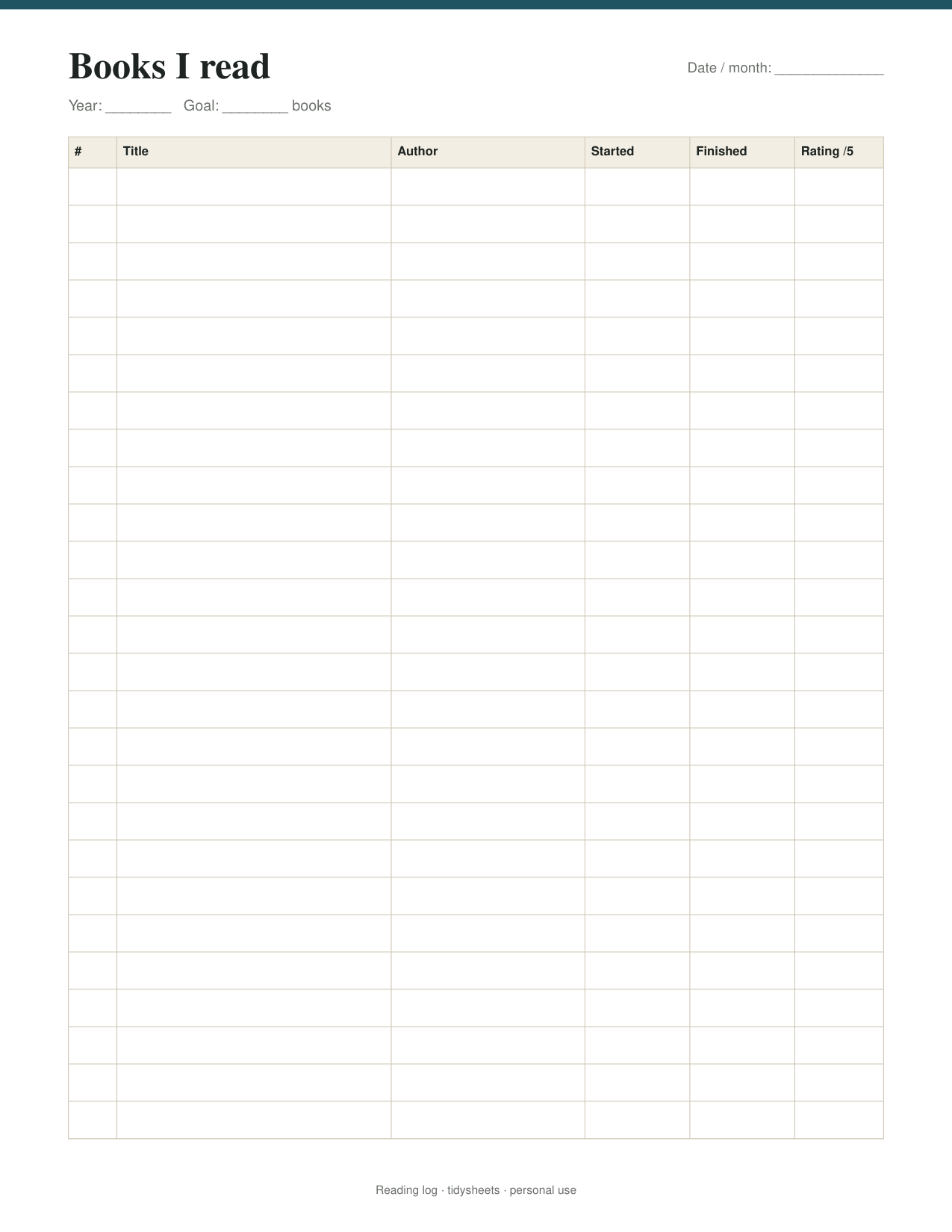 First page of the reading log PDF