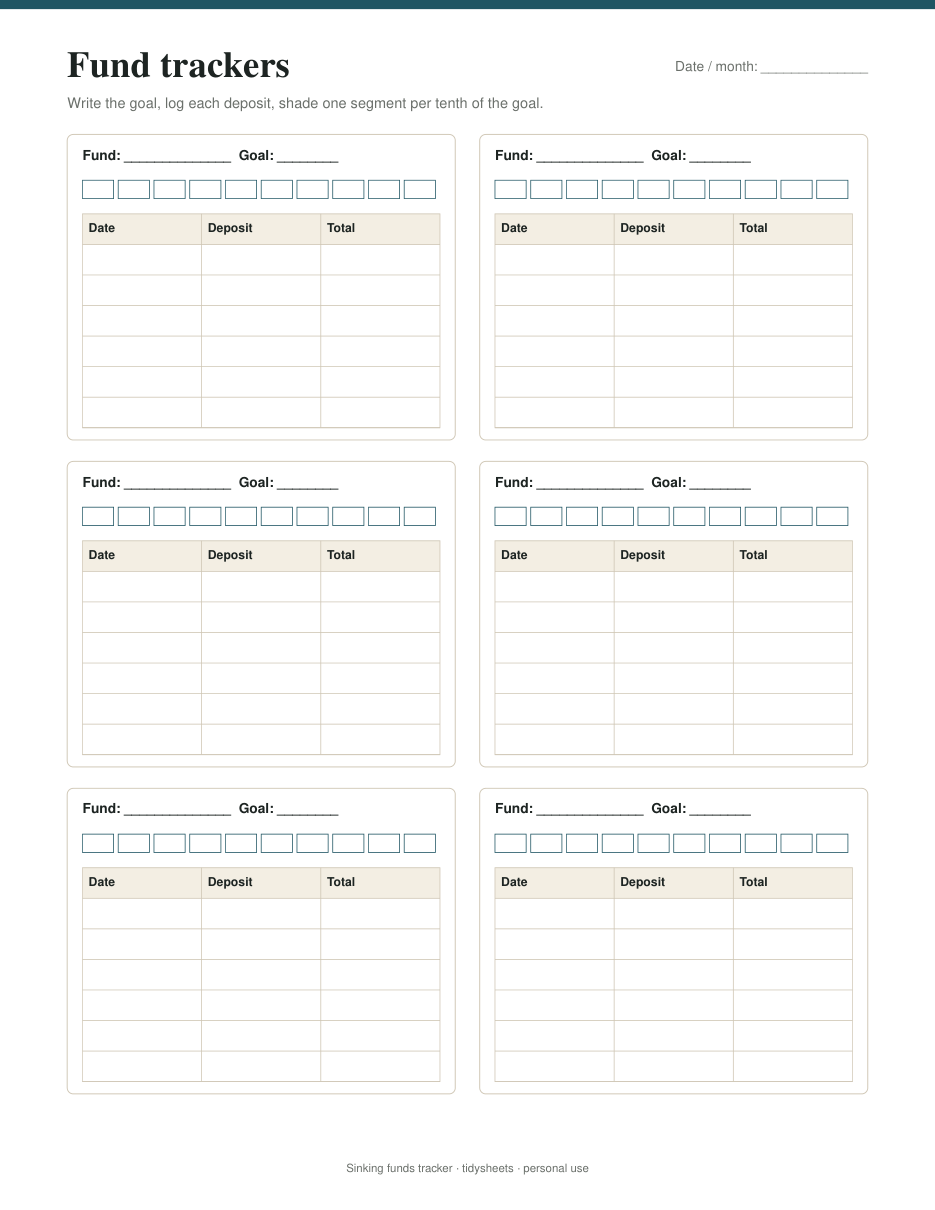 Fund trackers: 6 funds per page, 12 deposits each, page 2 of the sinking funds tracker PDF