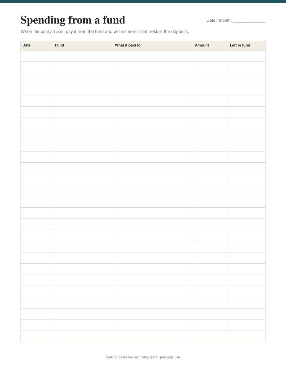 Spending from a fund log, page 3 of the sinking funds tracker PDF