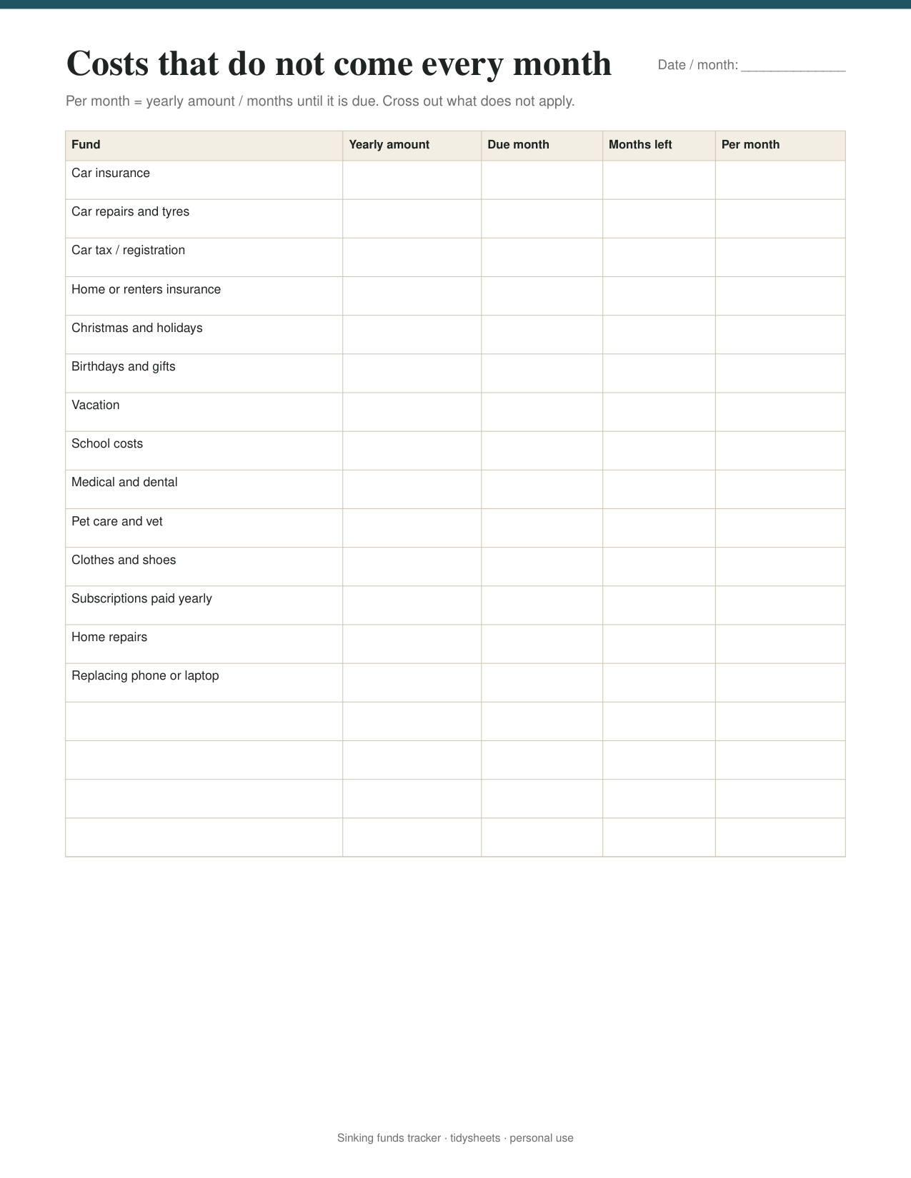 First page of the sinking funds tracker PDF